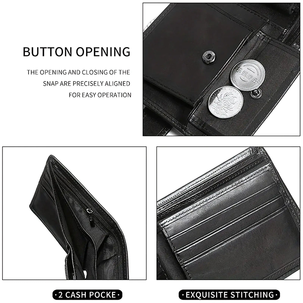 Black leather men rfid wallet with button opening and precise snap alignment for easy operation and large capacity coin pocket