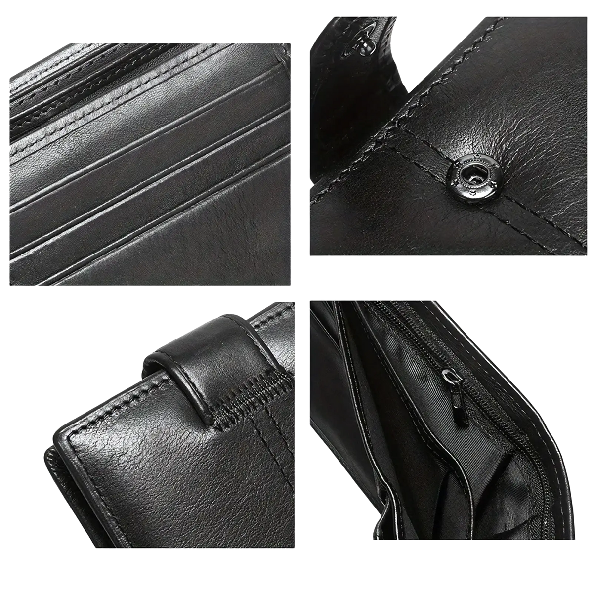 Men leather RFID wallet black with neat stitching snap fastener closure and zipper pocket for large capacity coin storage