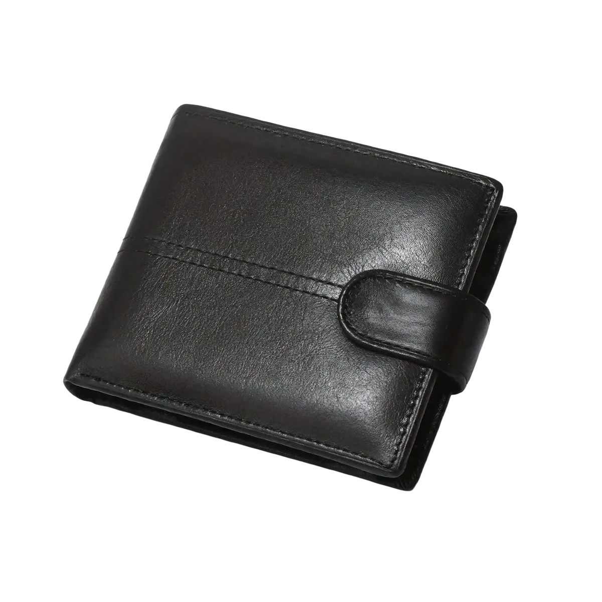 Black leather men rfid wallet with flap closure stitched detailing and large capacity coin pocket