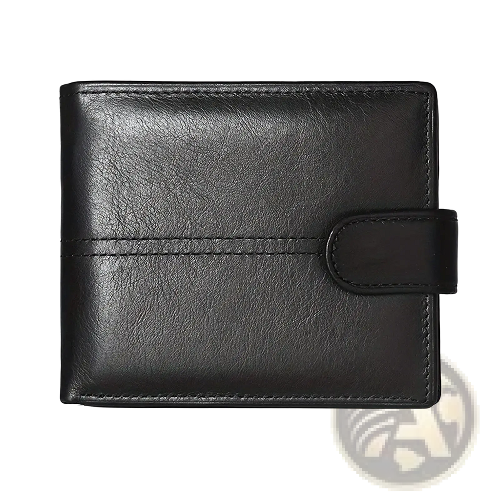 Black leather men rfid wallet with minimalist design, large capacity and single strap closure