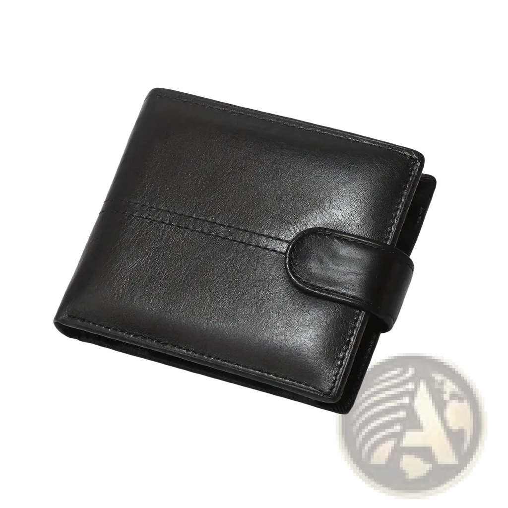 Black leather men rfid wallet with flap closure stitched detailing and large capacity coin pocket