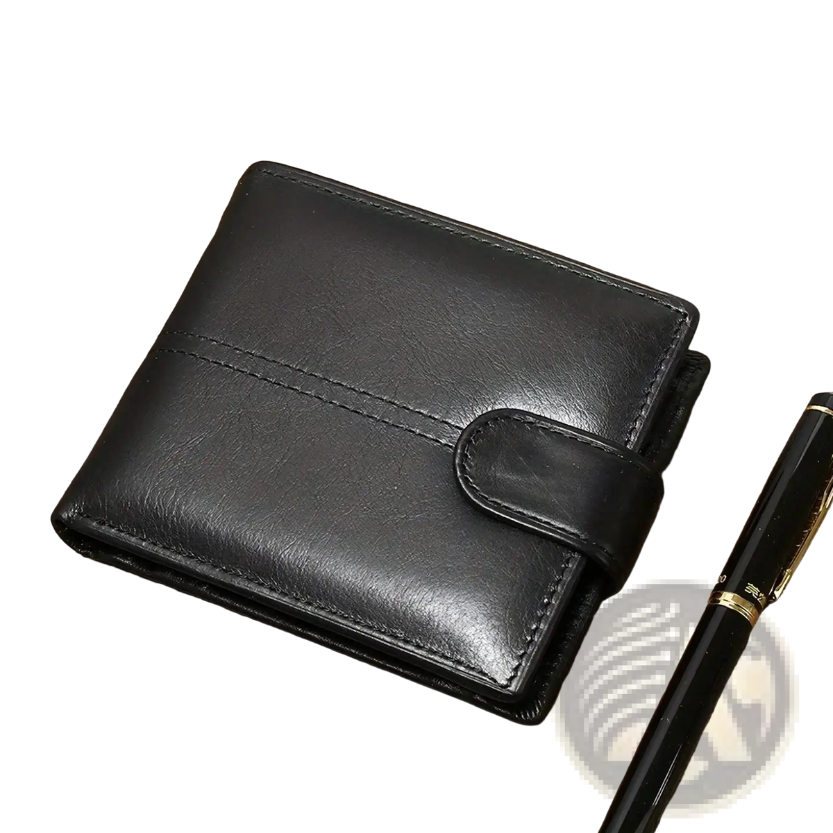 Black leather men wallet with flap closure and stitched detailing featuring large capacity coin pocket and RFID protection