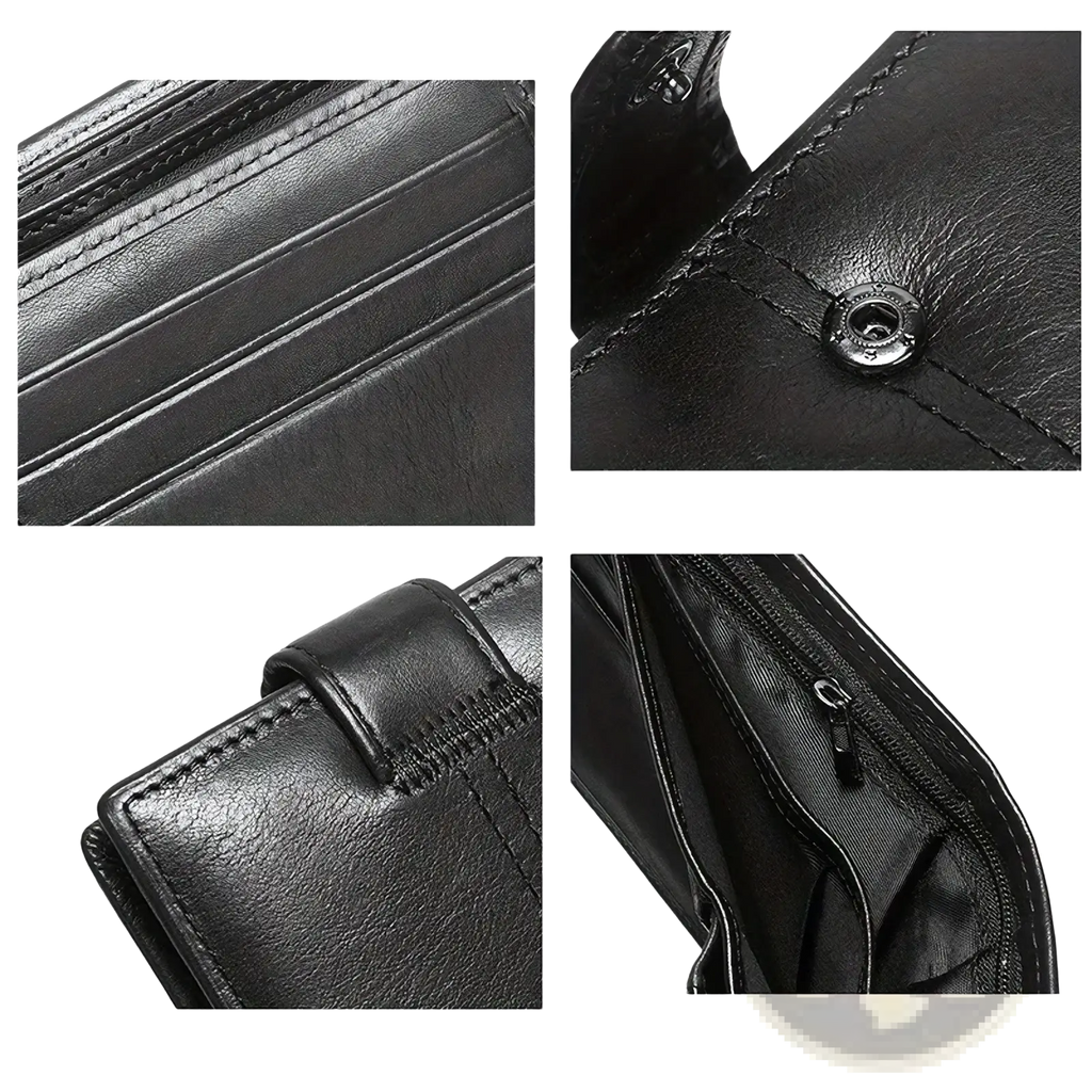 Men leather RFID wallet black with neat stitching snap fastener closure and zipper pocket for large capacity coin storage