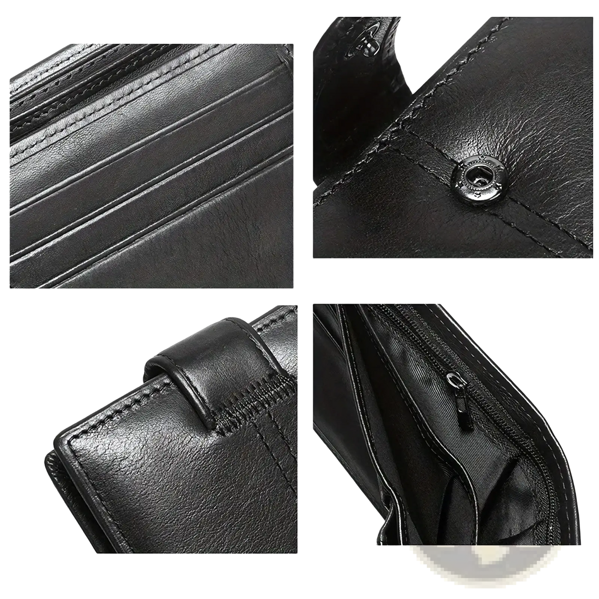 Men leather RFID wallet black with neat stitching snap fastener closure and zipper pocket for large capacity coin storage