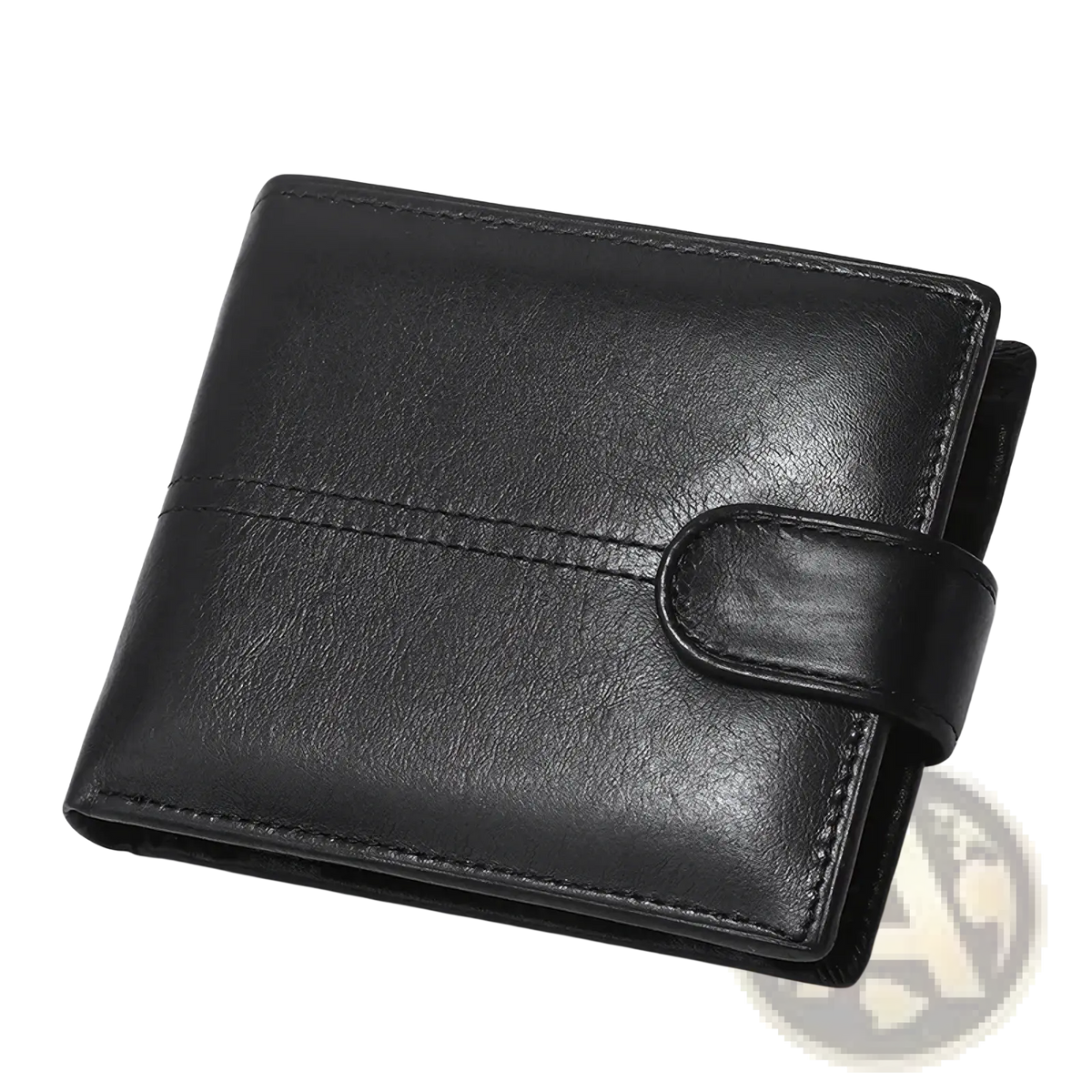 Black leather men rfid wallet with large capacity coin pocket and minimalist single strap closure design