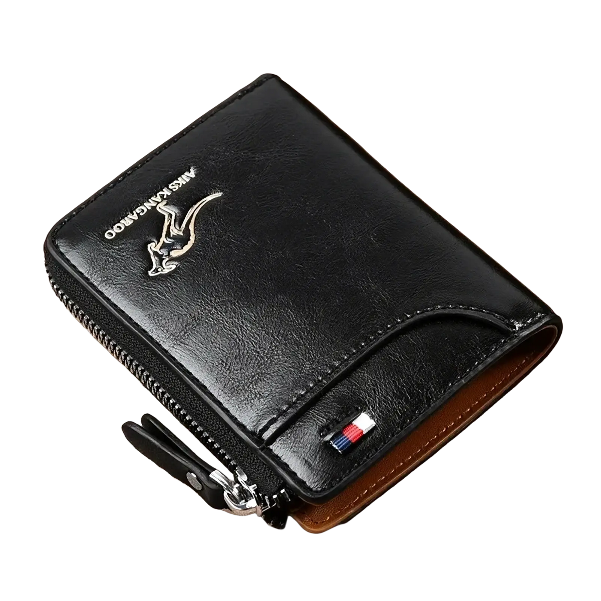 Men leather rfid zipper wallet in black with silver kangaroo logo and brown interior lining for secure storage