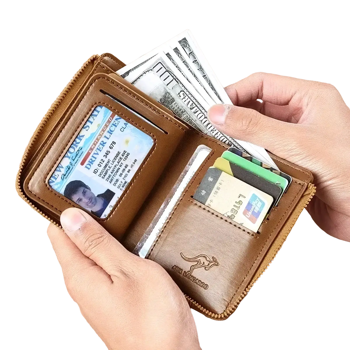 Men leather RFID zipper wallet in brown with kangaroo logo embossed holding cash and cards