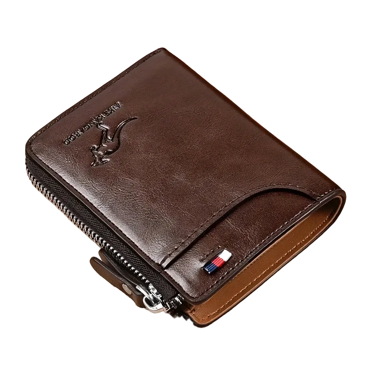 Men leather rfid zipper wallet in brown with debossed kangaroo logo and small flag emblem on the side
