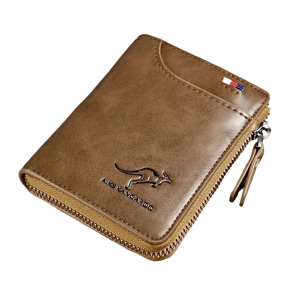 Brown leather men leather RFID zipper wallet with kangaroo logo and secure zipper closure for added protection