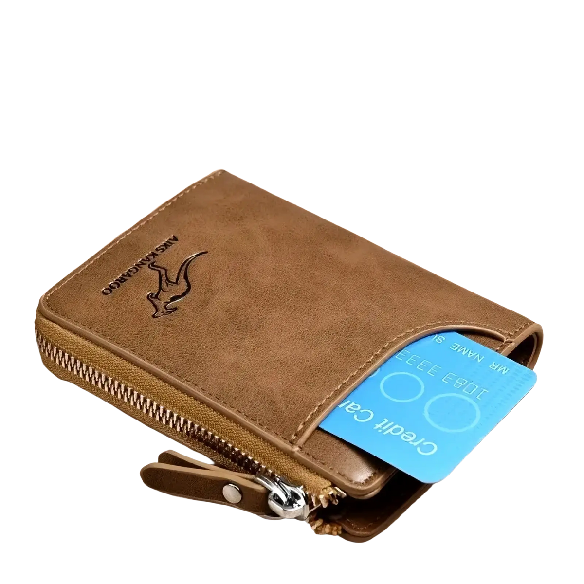 Brown leather men leather rfid zipper wallet with embossed kangaroo logo and secure zipper closure