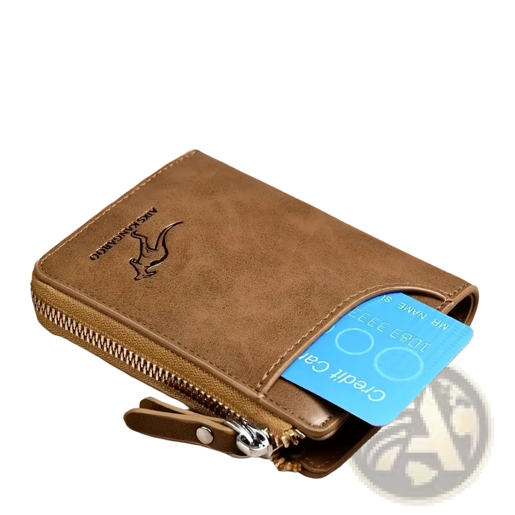 Brown leather men leather rfid zipper wallet with embossed kangaroo logo and secure zipper closure