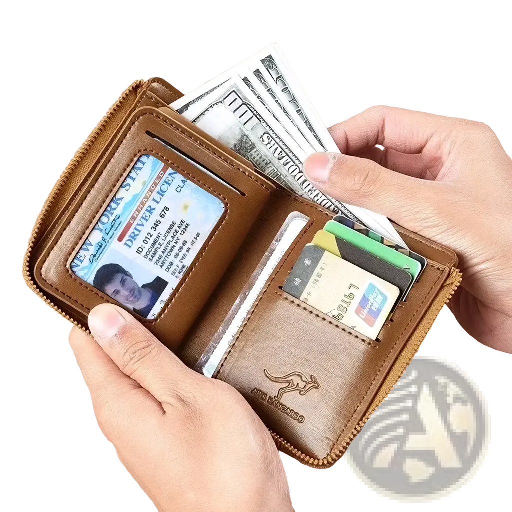 Men leather RFID zipper wallet in brown with kangaroo logo embossed holding cash and cards