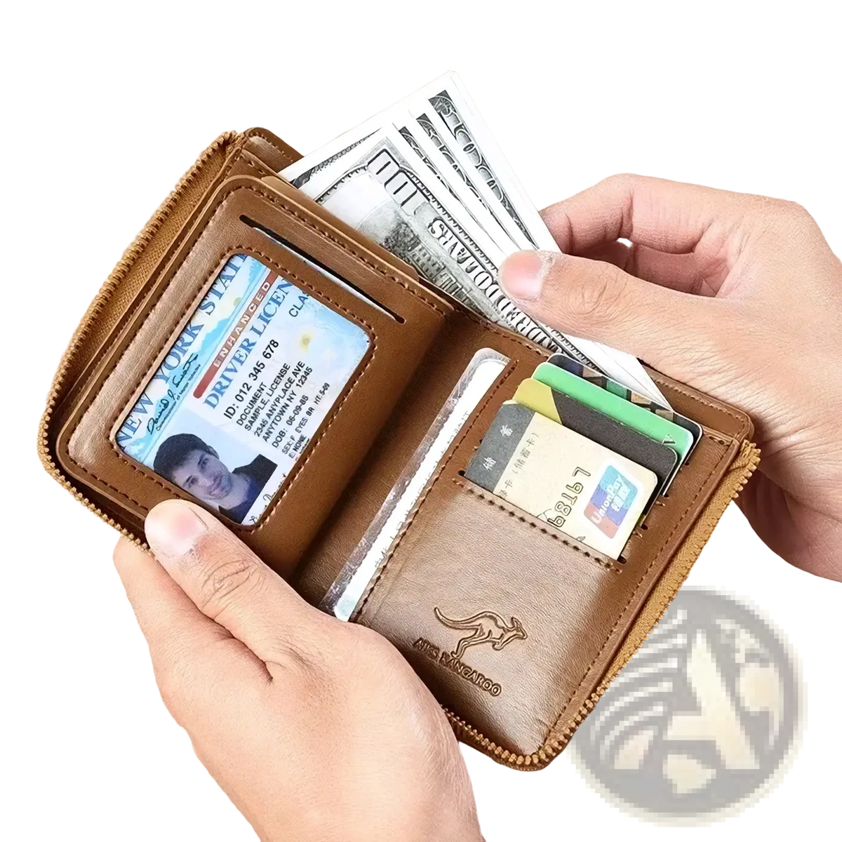 Men leather RFID zipper wallet in brown with kangaroo logo embossed holding cash and cards