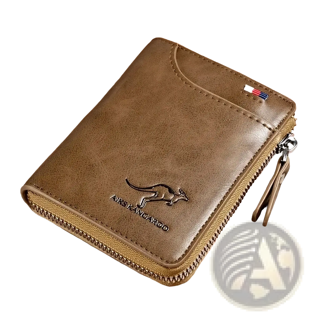 Brown leather men leather RFID zipper wallet with kangaroo logo and secure zipper closure for added protection