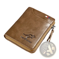 Brown leather men leather RFID zipper wallet with kangaroo logo and secure zipper closure for added protection