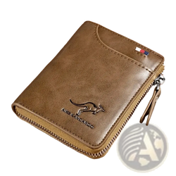 Brown leather men leather RFID zipper wallet with kangaroo logo and secure zipper closure for added protection