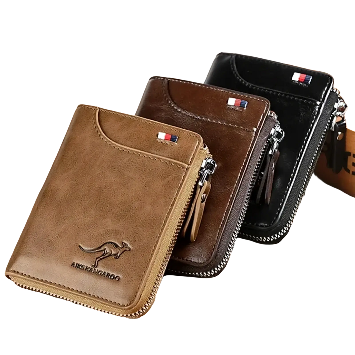 Tan leather men leather rfid zipper wallet with embossed kangaroo logo and secure zipper closure