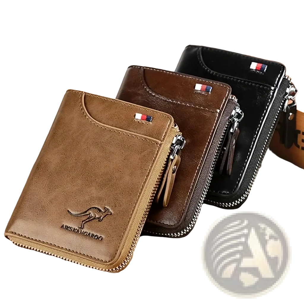 Tan leather men leather rfid zipper wallet with embossed kangaroo logo and secure zipper closure