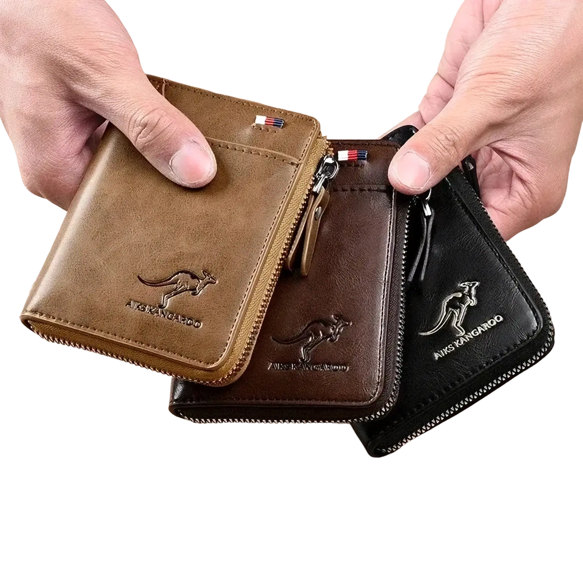 Men leather RFID zipper wallets in tan brown and black with embossed kangaroo logos made from genuine leather