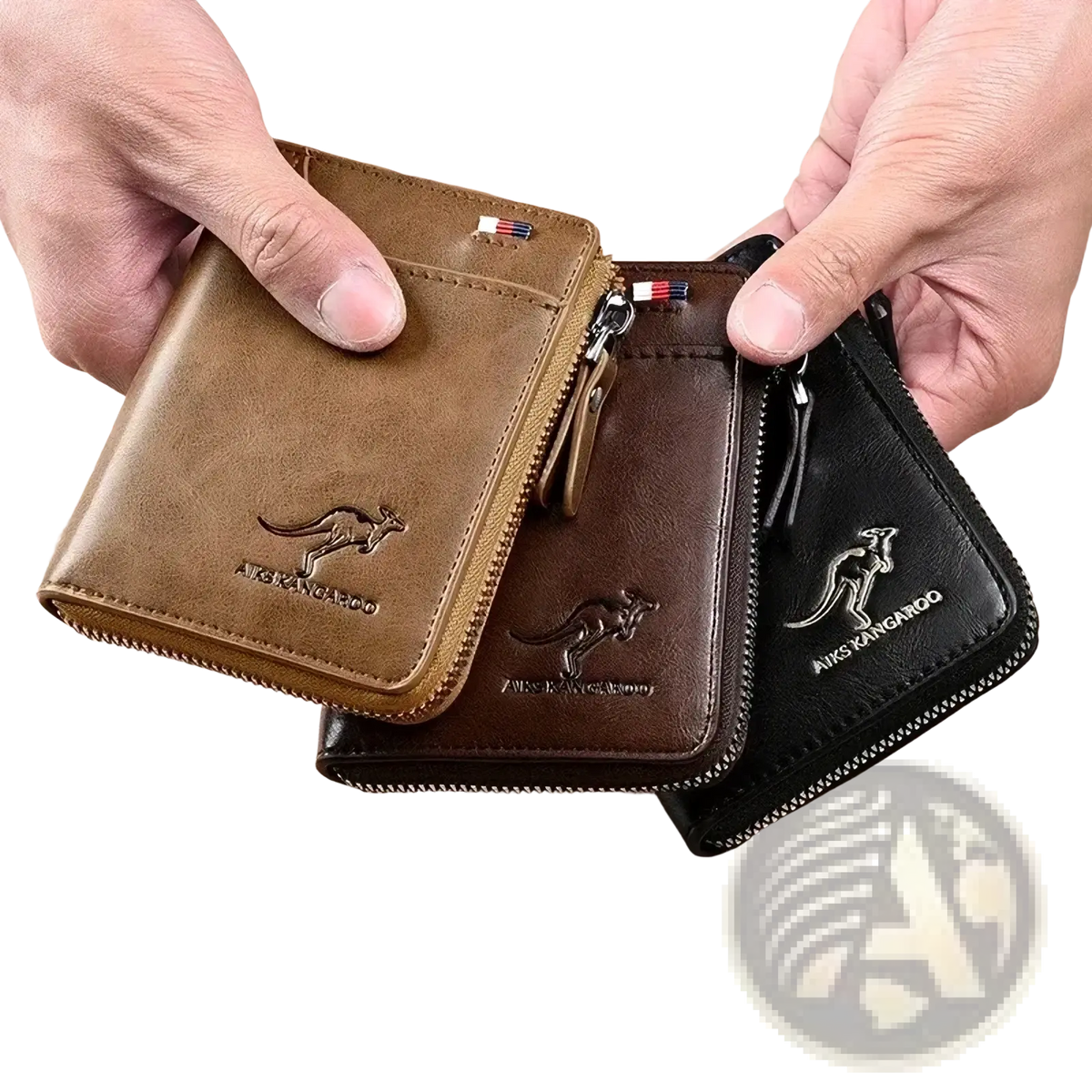 Men leather RFID zipper wallets in tan brown and black with embossed kangaroo logos made from genuine leather