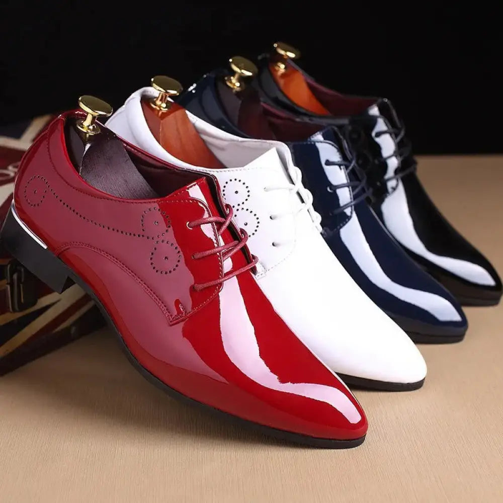 Men’s premium leather slip-on driving loafers in shiny red patent leather with perforated detailing and matching laces