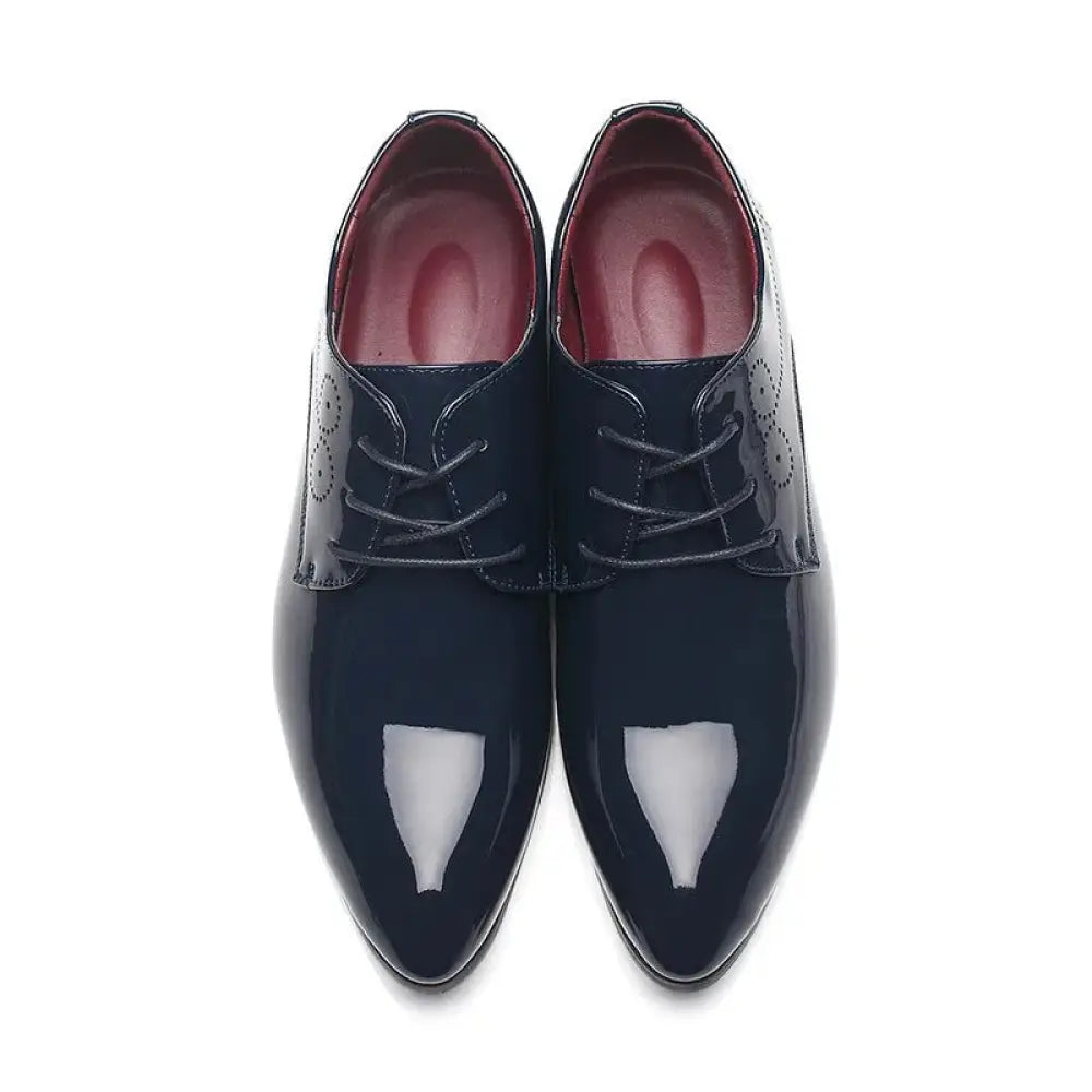 Men’s navy blue patent leather lace-up oxford shoes with a glossy finish and subtle perforated detailing