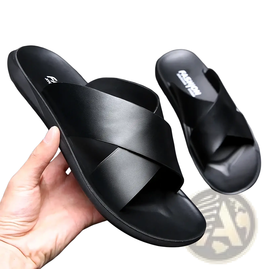 Black leather slide sandals for men with cross-over strap design casual beach shoes