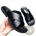 Black leather slide sandals for men with cross-over strap design casual beach shoes