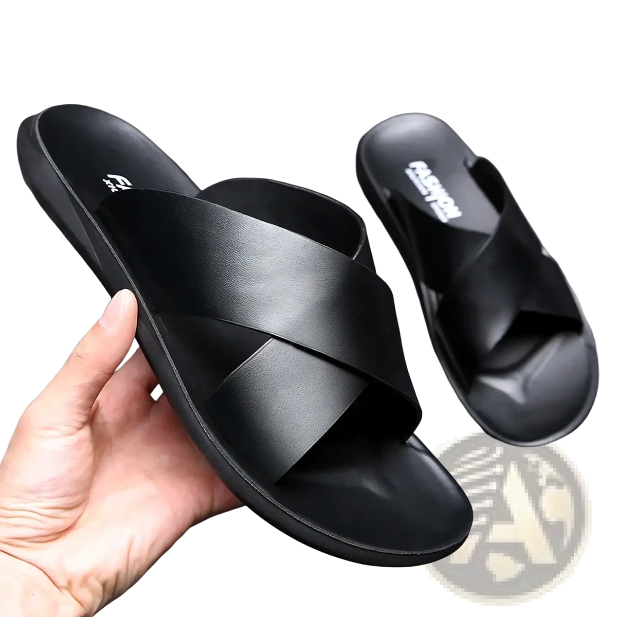 Black leather slide sandals for men with cross-over strap design casual beach shoes