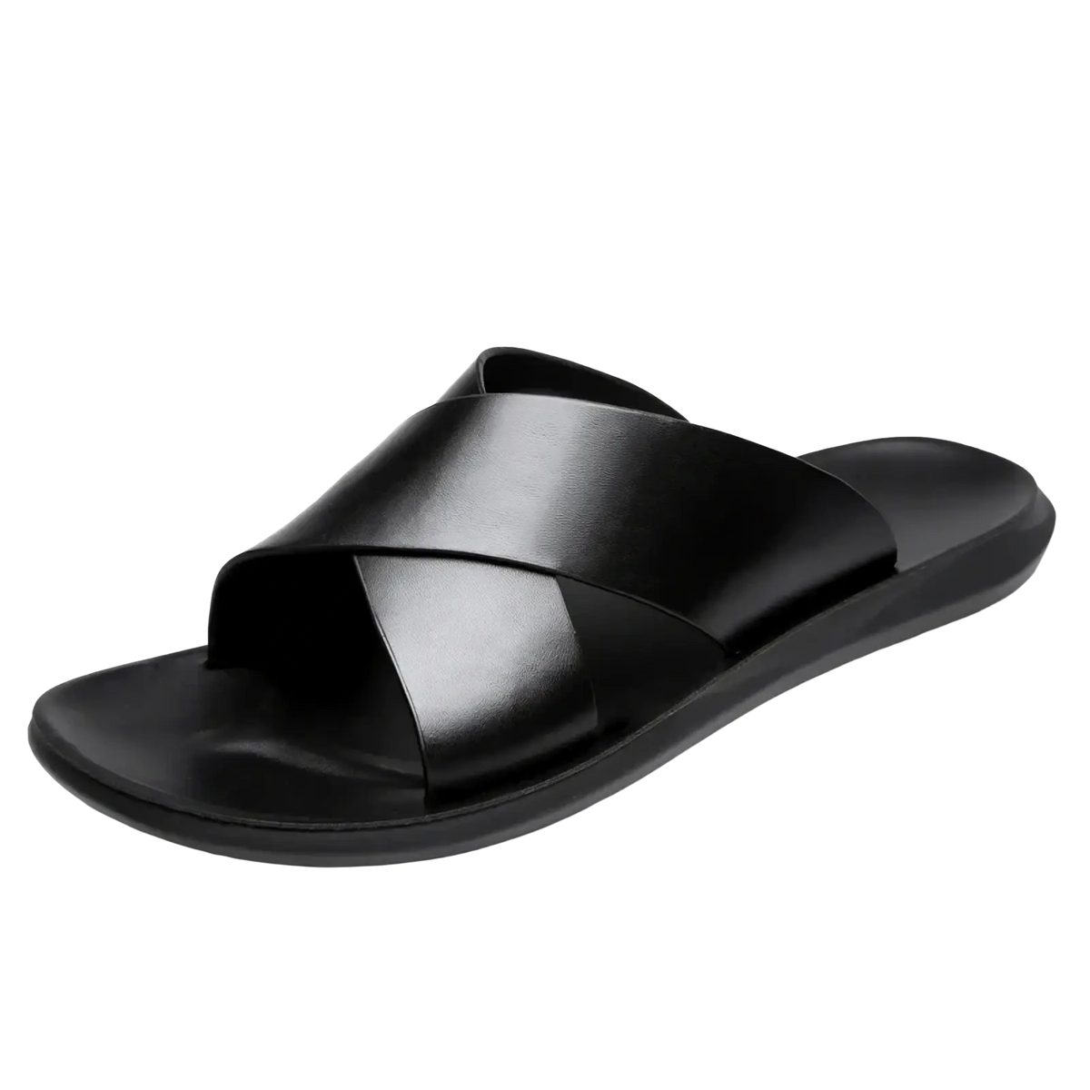 Black leather men slide sandal with sleek cross-over strap design casual beach shoe for comfortable wear