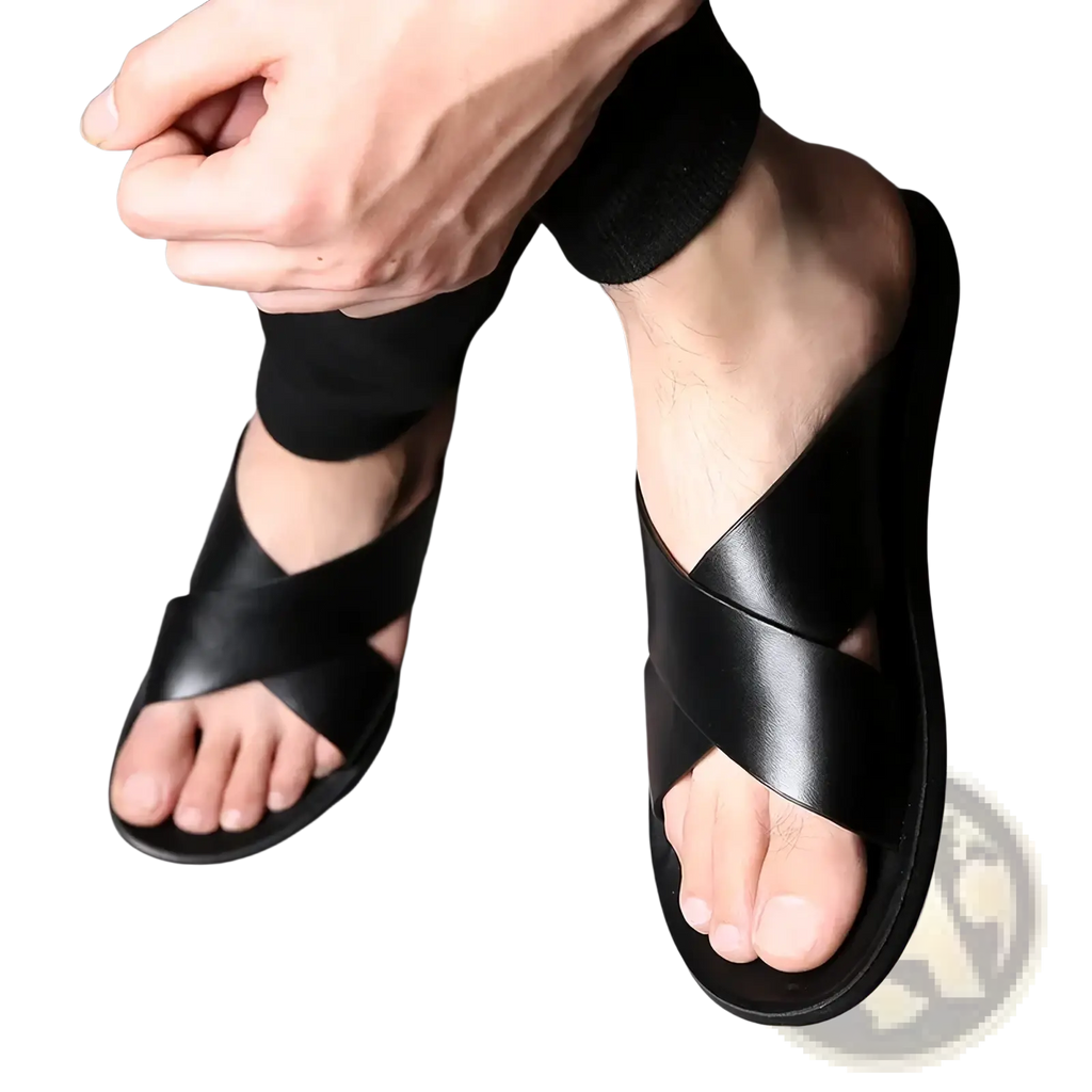 Black leather men slide sandals with cross-over strap design suitable for casual beach wear
