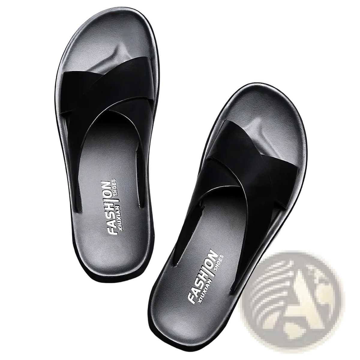 Men leather slide sandals with black cross straps glossy finish and molded rubber sole for casual beach use