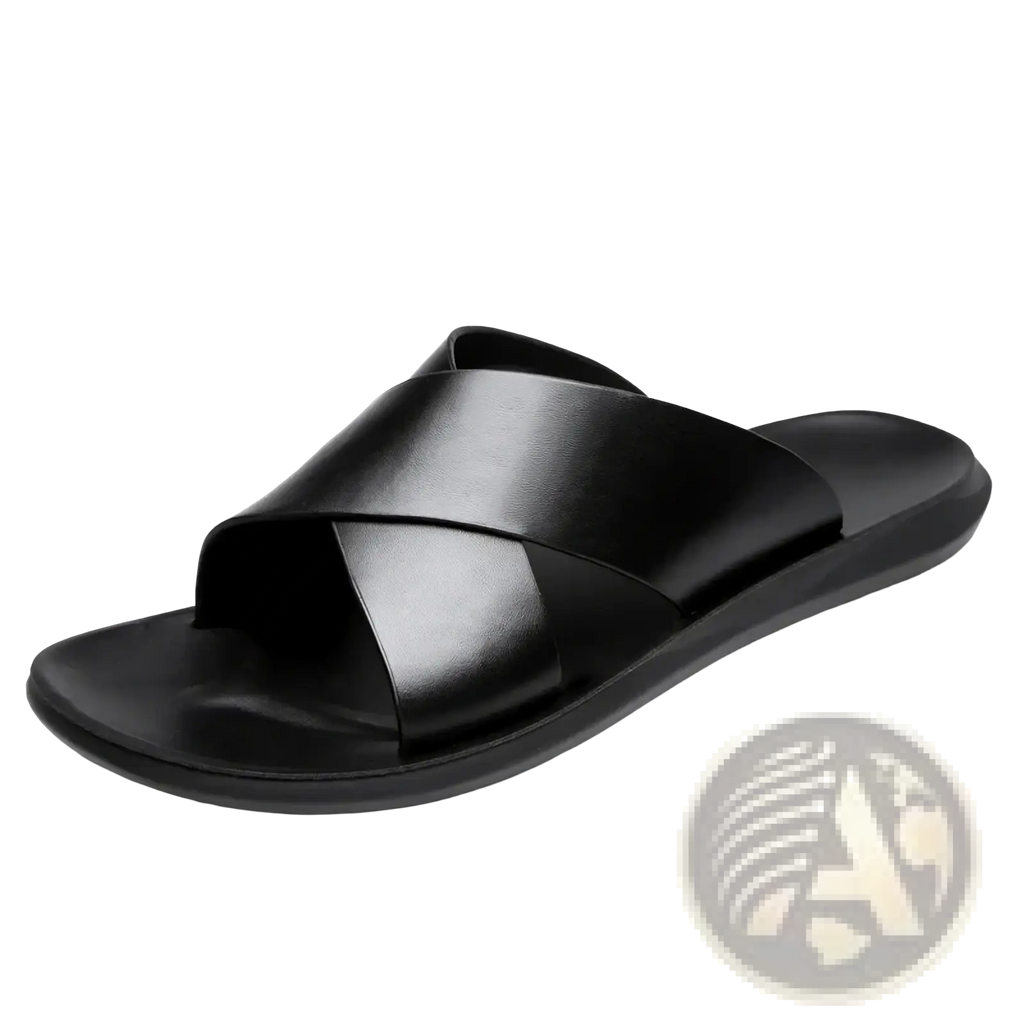Black leather men slide sandal with sleek cross-over strap design casual beach shoe for comfortable wear