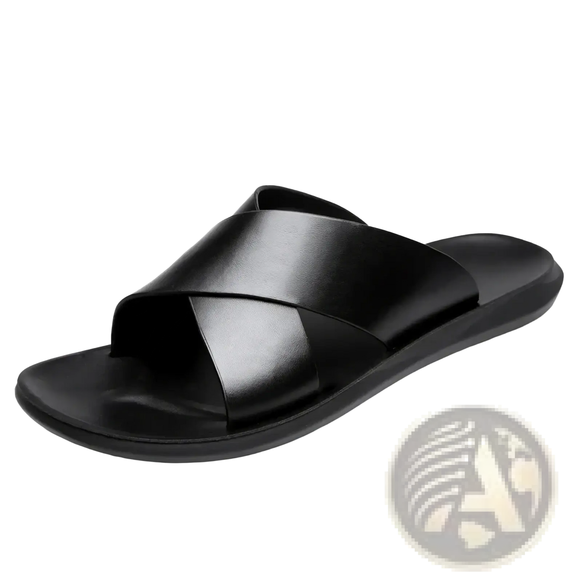 Black leather men slide sandal with sleek cross-over strap design casual beach shoe for comfortable wear