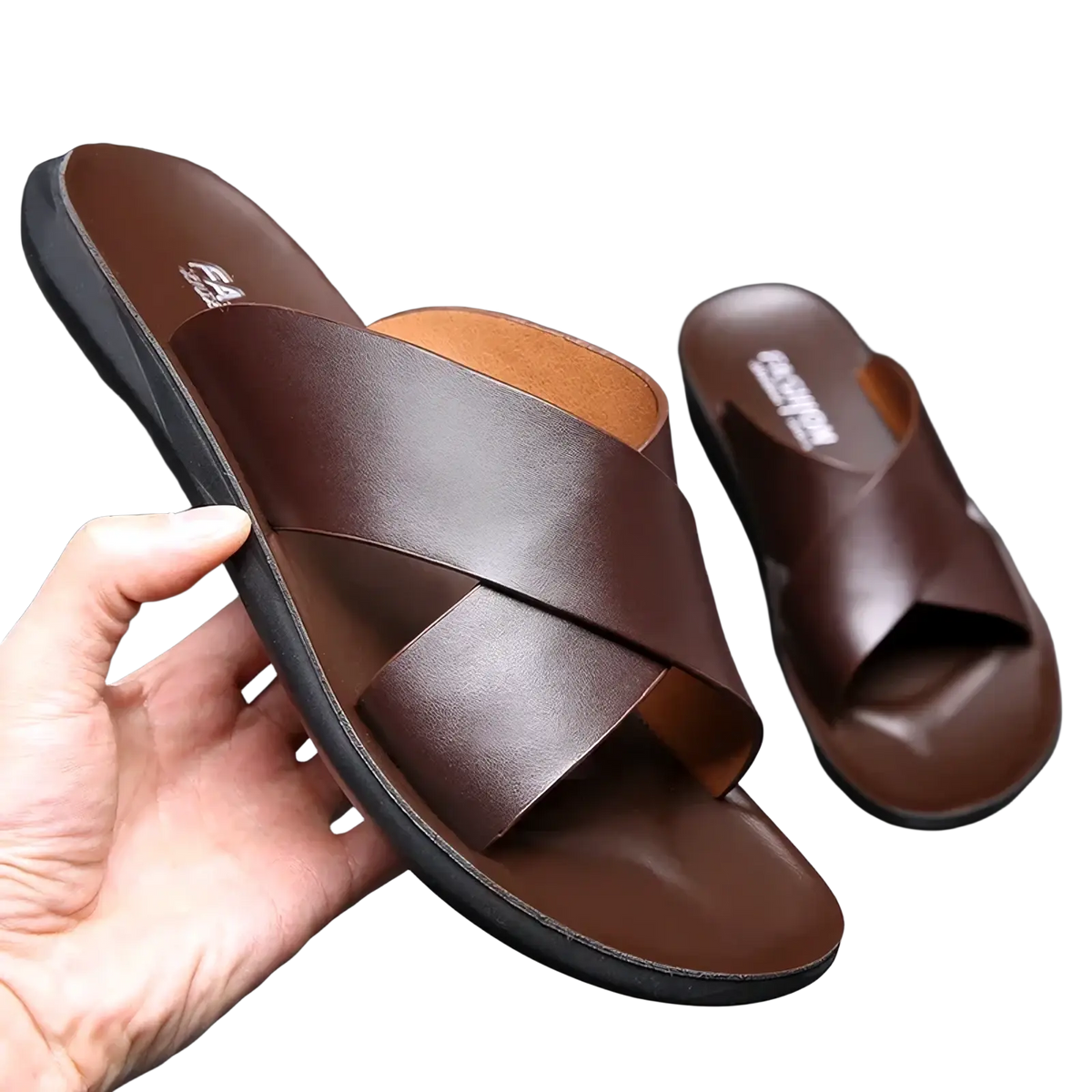 Men leather slide sandals in brown with cross-over strap design and black rubber soles for casual beach use