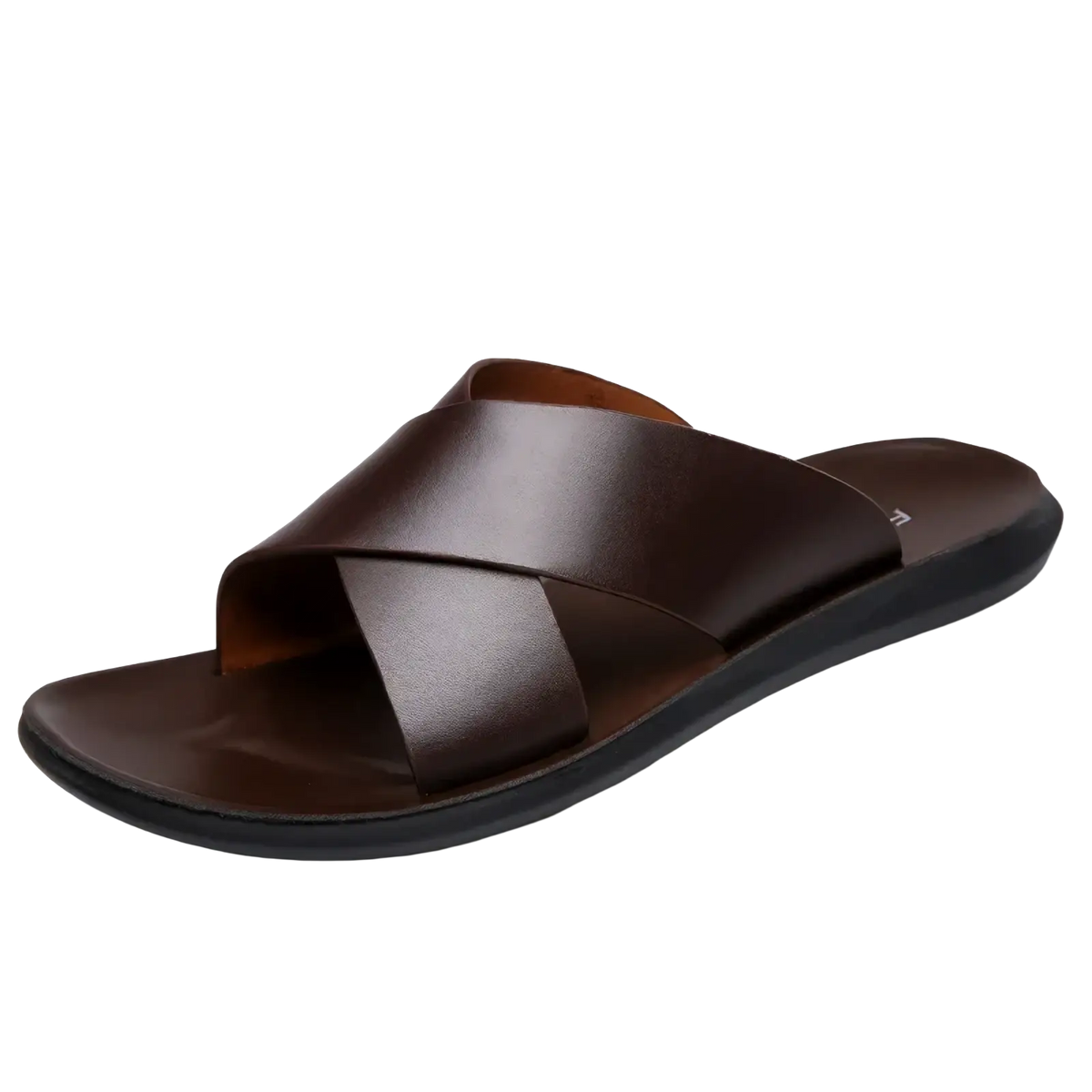 Men leather slide sandal with brown cross over leather strap and black rubber sole for casual beach use