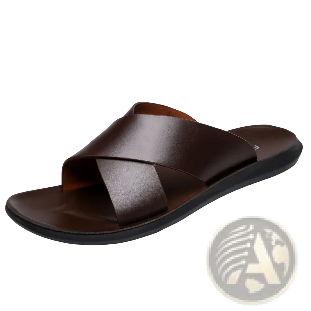 Men leather slide sandal with brown cross over leather strap and black rubber sole for casual beach use