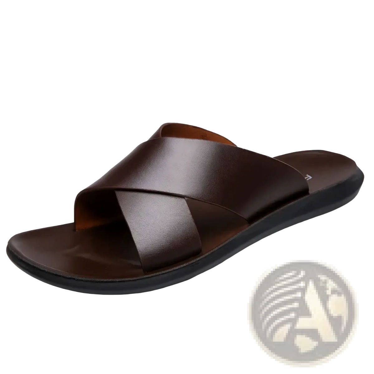 Men leather slide sandal with brown cross over leather strap and black rubber sole for casual beach use