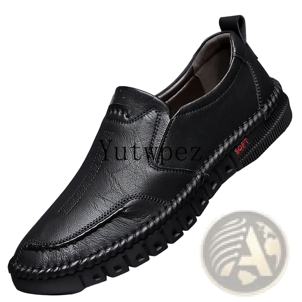 Black leather men slip on dress shoe with stitched detailing and textured sole for formal wear
