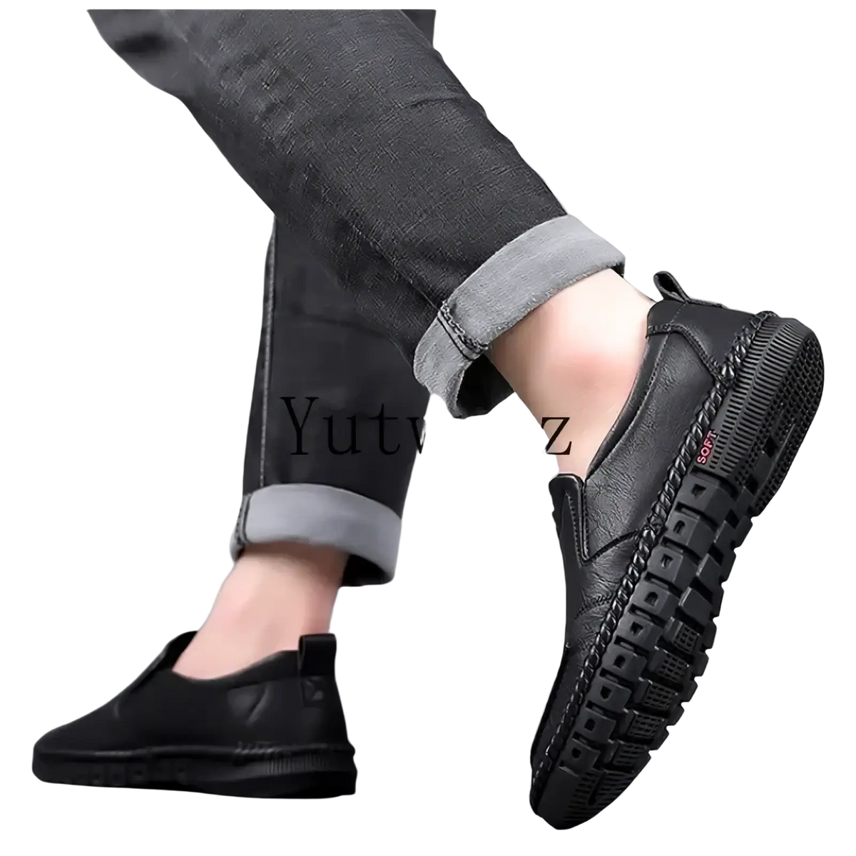Men leather slip on dress shoes in black with textured chunky sole and red soft label on the side