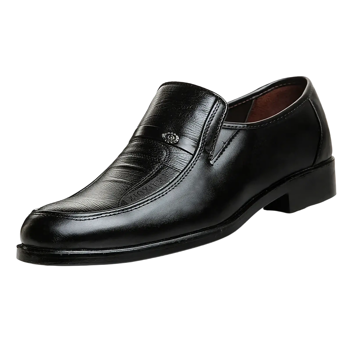 Men leather slip on dress shoe in black leather with subtle embossed pattern and small metallic emblem on the vamp