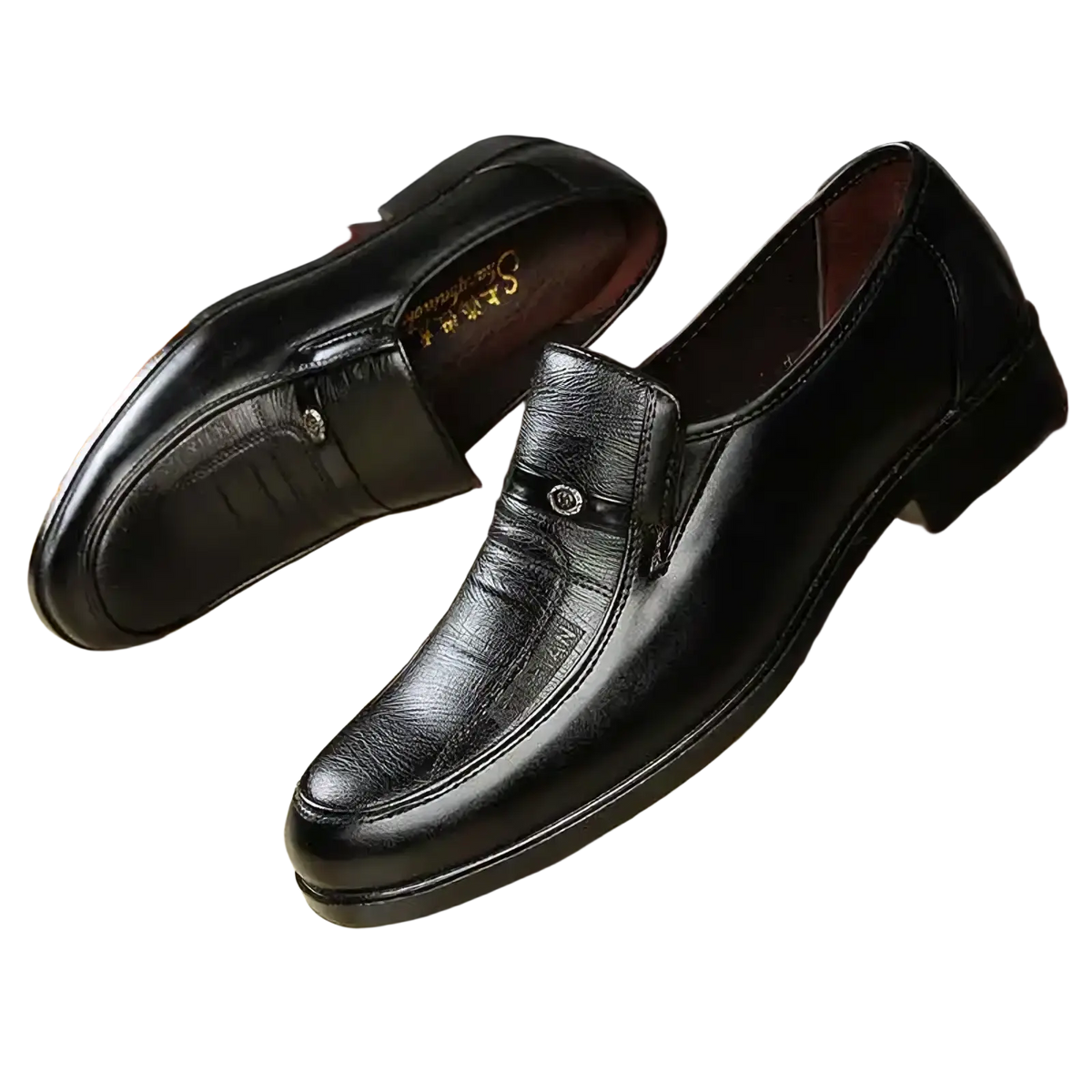Men leather slip on dress shoes in black with polished finish and subtle embossed texture for formal wear