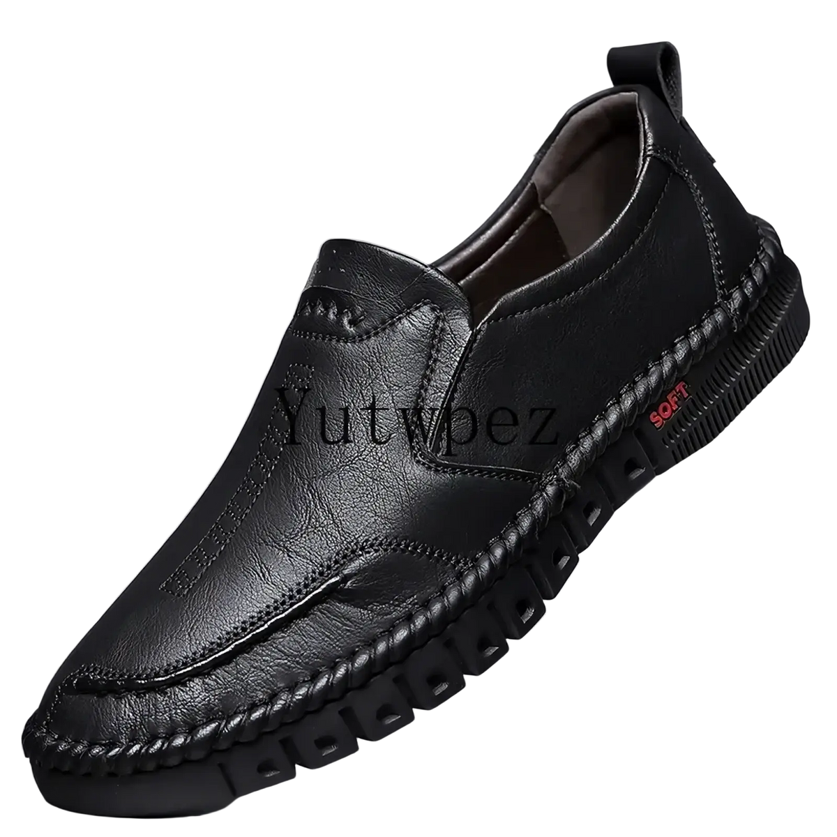 Black leather men slip on dress shoe with stitched detailing and textured sole for formal wear