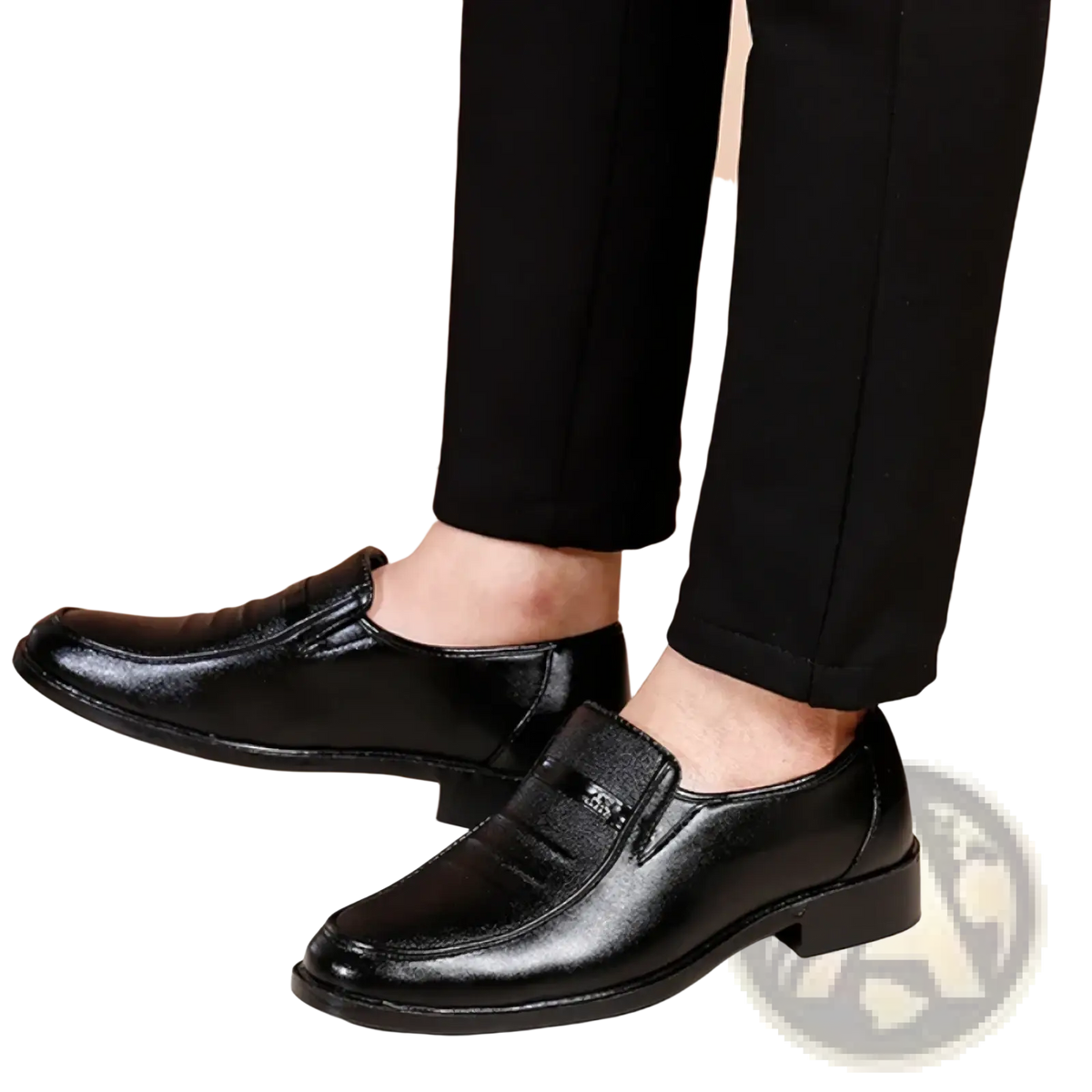 Men leather slip on dress shoes in black leather with a glossy finish and subtle stitching details