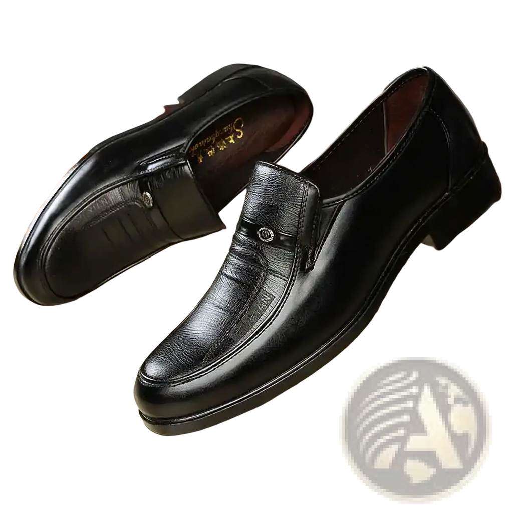 Men leather slip on dress shoes in black with polished finish and subtle embossed texture for formal wear