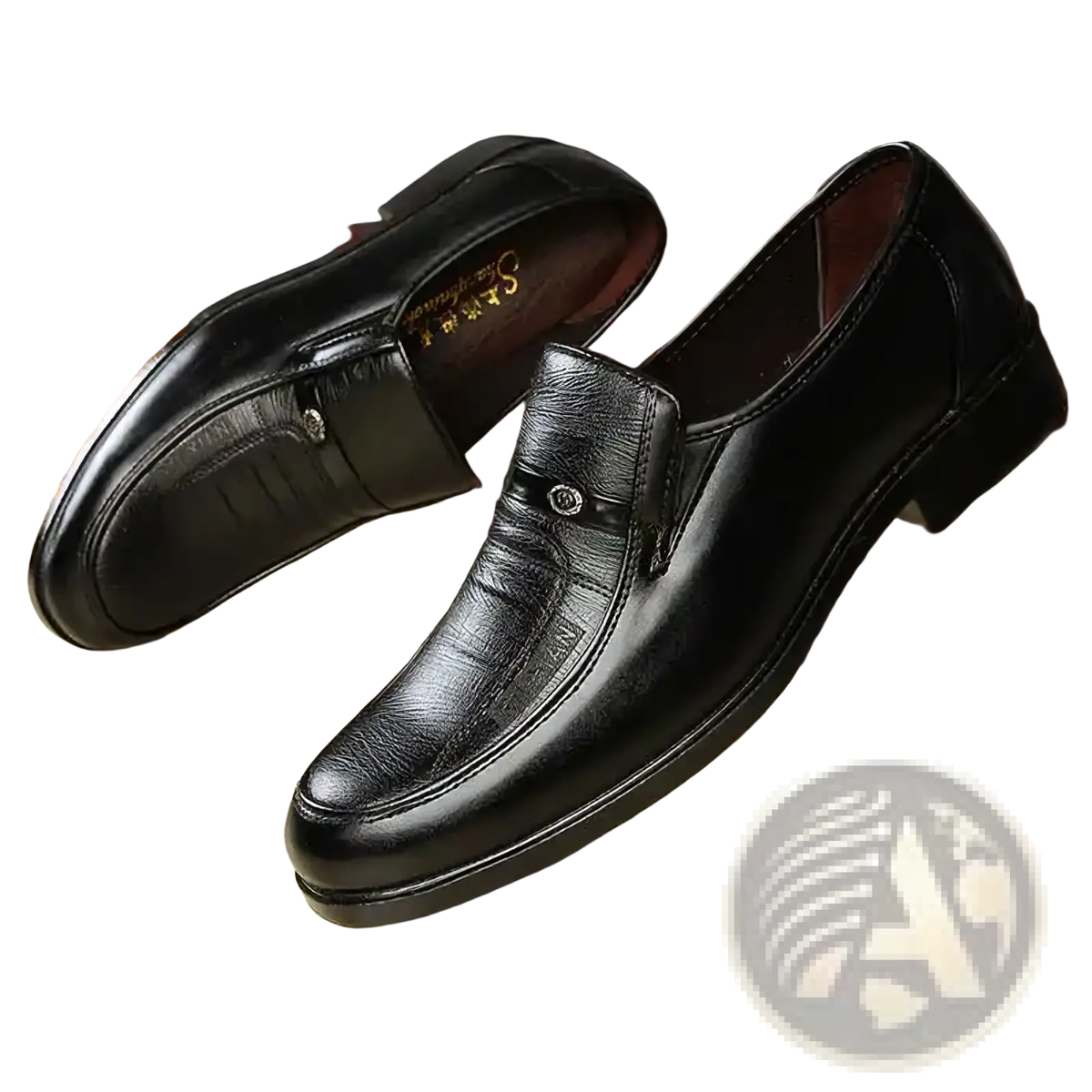 Men leather slip on dress shoes in black with polished finish and subtle embossed texture for formal wear