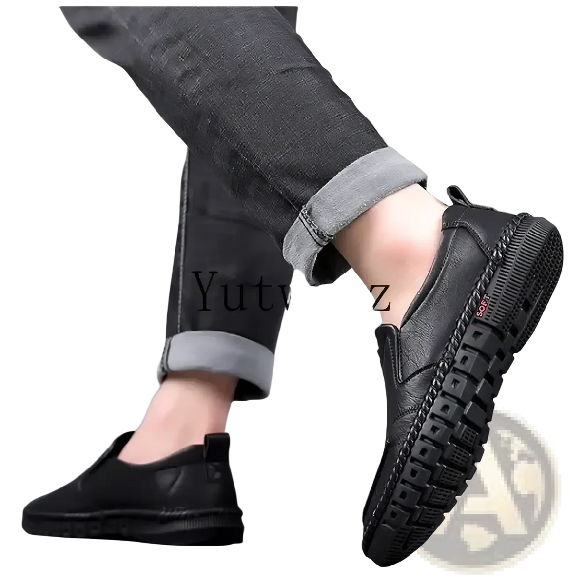 Men leather slip on dress shoes in black with textured chunky sole and red soft label on the side