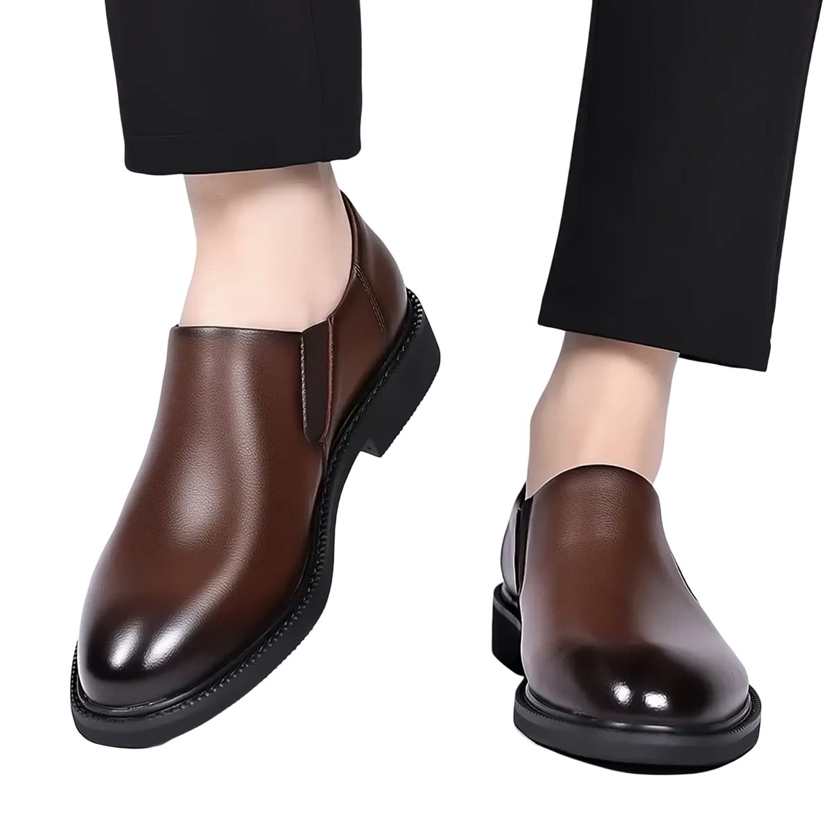 Men leather slip-on dress shoes brown with sleek polished finish and black rubber soles for formal wear