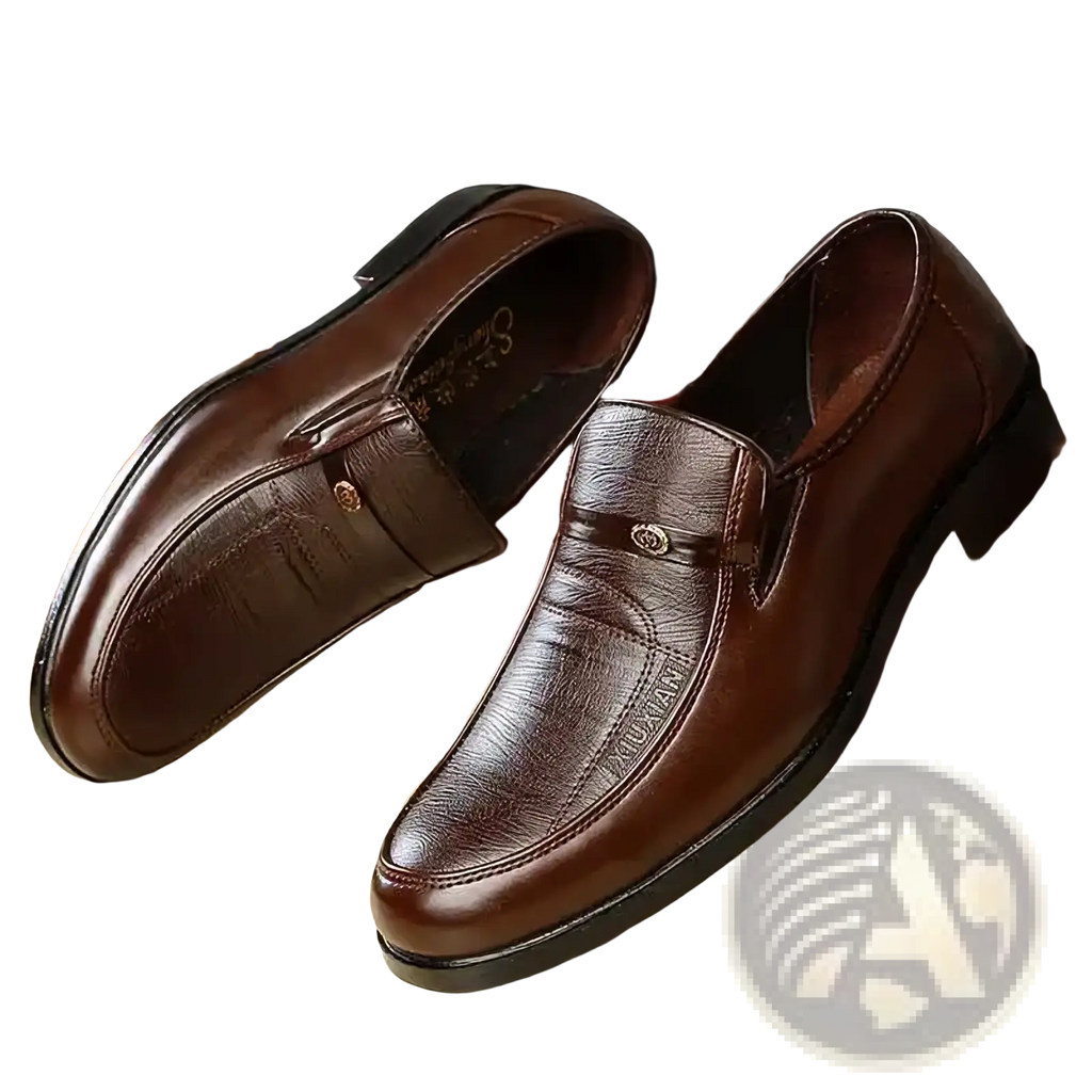 Men leather slip on dress shoes in brown leather with subtle textured pattern and metallic emblem on the vamp