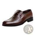 Men leather slip on dress shoe in brown with subtle textured toe pattern and small metallic emblem on the strap